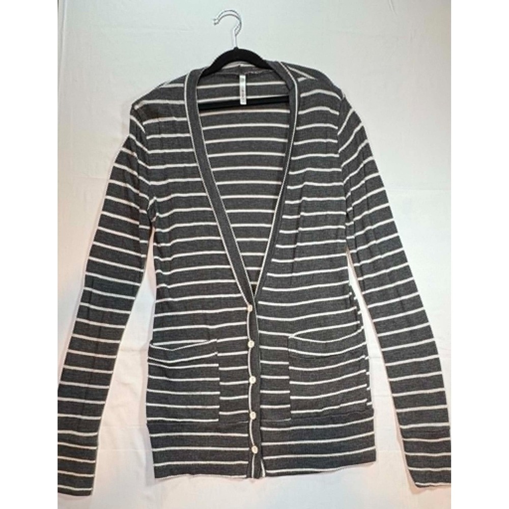 A'GACI Charcoal Gray & White Striped V-Neck Cardigan Sweater — Size Extra Small